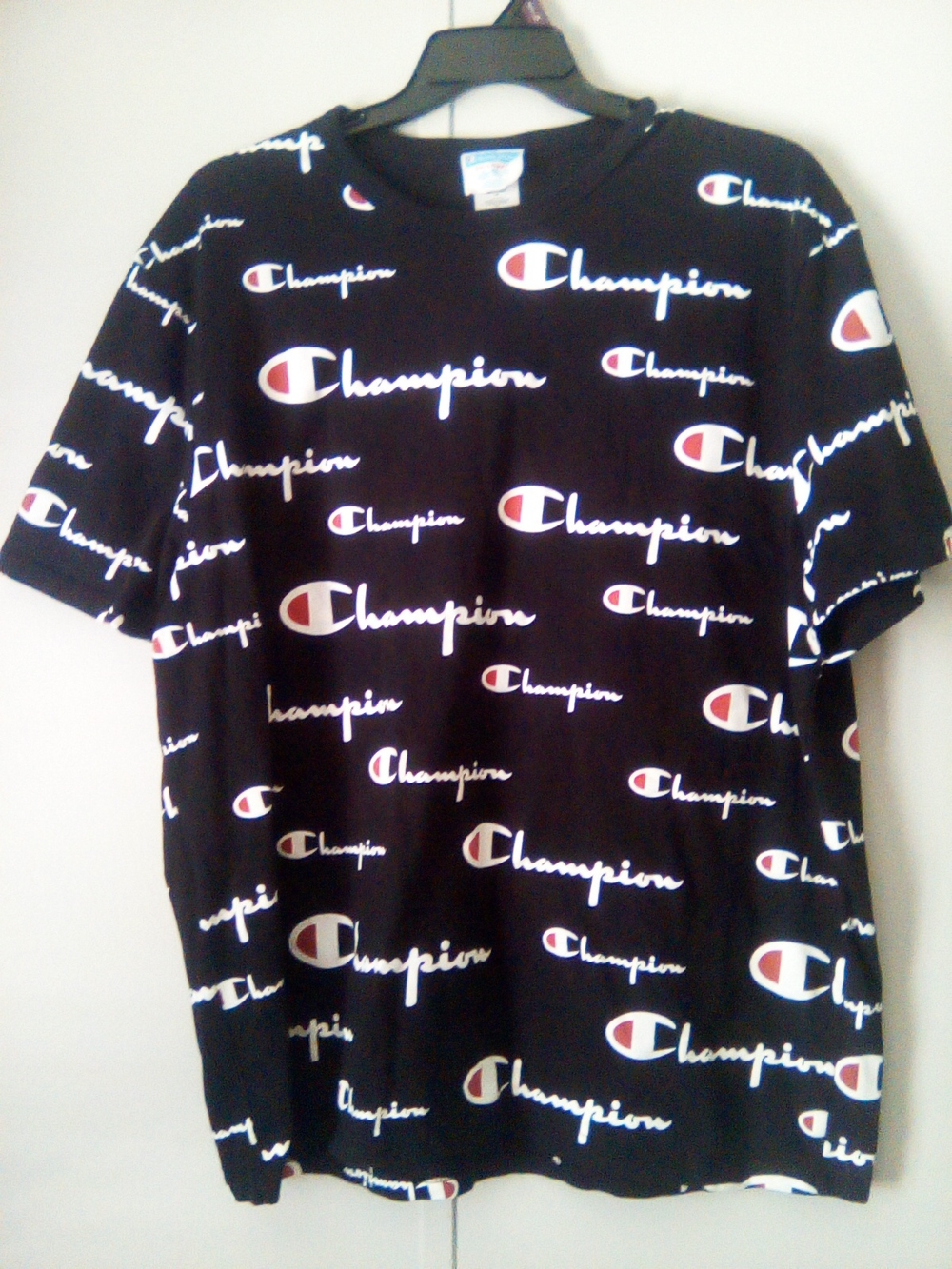 Champion Black Allover Logo Short Sleeve Tee with White & Red Accents